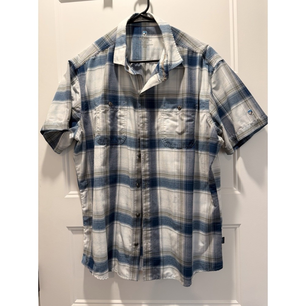 KÜHL Men's Tapered Fit Short Sleeve Button Down Shirt Blue White Plaid Hiking L